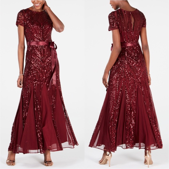 r&m richards embroidered sequin panel gown